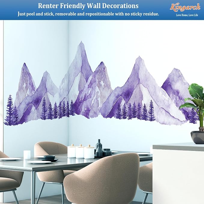 Purple Watercolor Mountain Wall Decals Peel and Stick - Scenic Mountain Pine Trees Forest, Boho Nature Landscape Vinyl Sticker for Bedroom, Nursery, Living Room - Removable Wall Mural Decor - Image 5