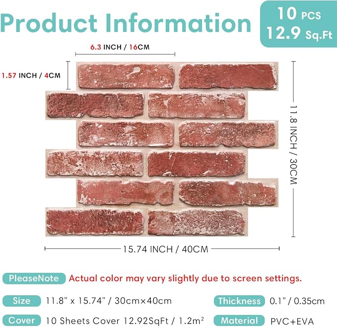 Commomy 3D Faux Brick Wall Panels - Ultra Thin PVC 10pcs 15.74" x 11.8" | Peel and Stick Brick Wall Covering for Quick DIY Interior Wall Decor,Not Real Brick (12.92 sq.ft) - Image 5