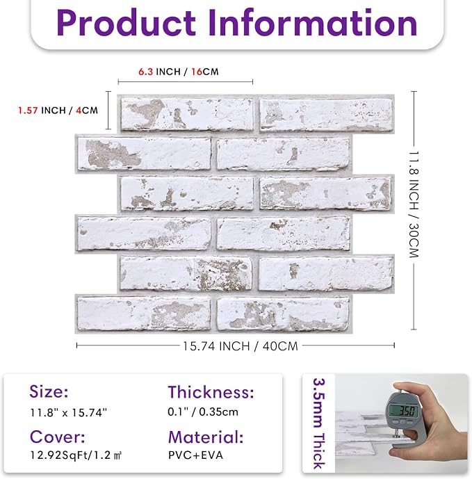 3D Peel and Stick Faux Brick Wall Panels 15.7" x 11.8" 10-Pack | Vintage White, Brick-Look Wall Sticker, Thin Lightweight PVC Self Adhesive Wall Tiles for Interior Decor, Cover 12.9 sq ft - Image 5