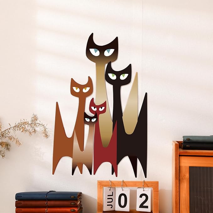 Wesiti Metal Cat Wall Art Decor Iron Sculpture Retro Mid Century | 5 Cat Silhouettes Design, Wall Decor for Cat Lovers Living Room Bedroom Office, 10.6 X 15.7 Inches Iron by Unteilti