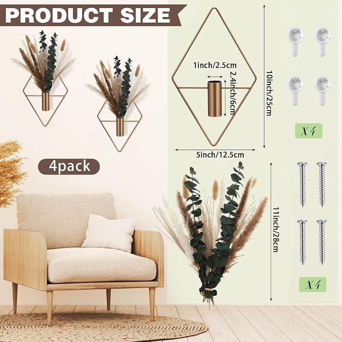 Jexine 8 Pcs Hanging Artificial Planters Wall Decor, Antique Copper, Pampas | Bathroom Wall Decor, Geometric Metal Vase, Indoor Plants, Living Room, Home Office, Entryway, Boho Accent, Wall Mounted - Image 2