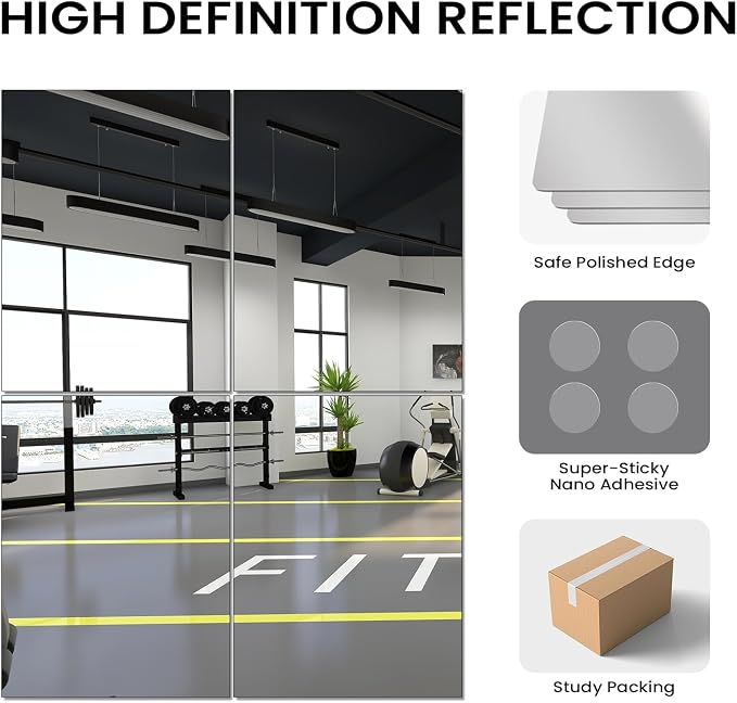 VASUHOME Large Mirror Tiles 16"x12" (4 Pack), Full Length Wall Mirrors for Home Gym, Garage, Bedroom, Living Room, Door – HD Reflection, Easy DIY Installation - Image 6