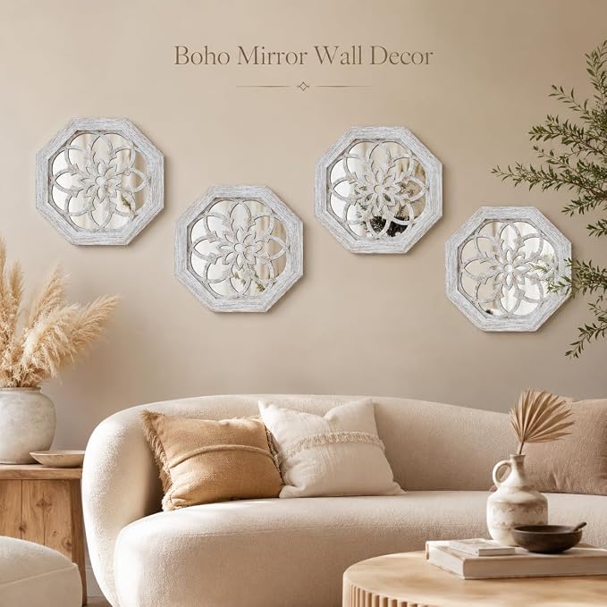 4 Pack 12 Inch Octagon Grey Rustic Wood Frame Acrylic Wall Mirrors, Farmhouse Boho Wall Art Decor for Living Room, Bedroom, Hallway, Entryway, Bathroom & Office - Image 5