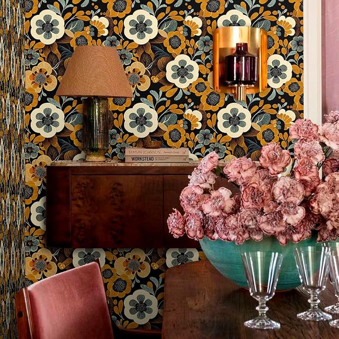 MuralPeel Boho Vintage Floral Orange Yellow Brown Flowers in Black Peel and Stick Wallpaper Self Adhesive Removable Easy Peel Off Contact Paper Stick on Wall Paper for Bedroom Cabinet Renter - Image 6