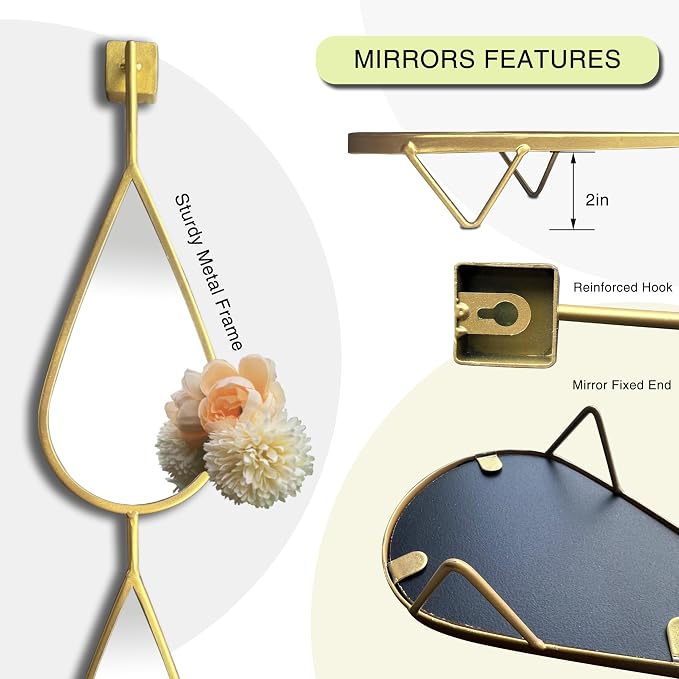 BAODANFU Wall Mirrors Decorative, Gold Tear Drop Shape Mirrors for Wall of Entryway, Living Room, Bedroom, Over Fireplace, Mantle Wall Decor Golden (Shiny Gold, 5 Pack) - Image 4