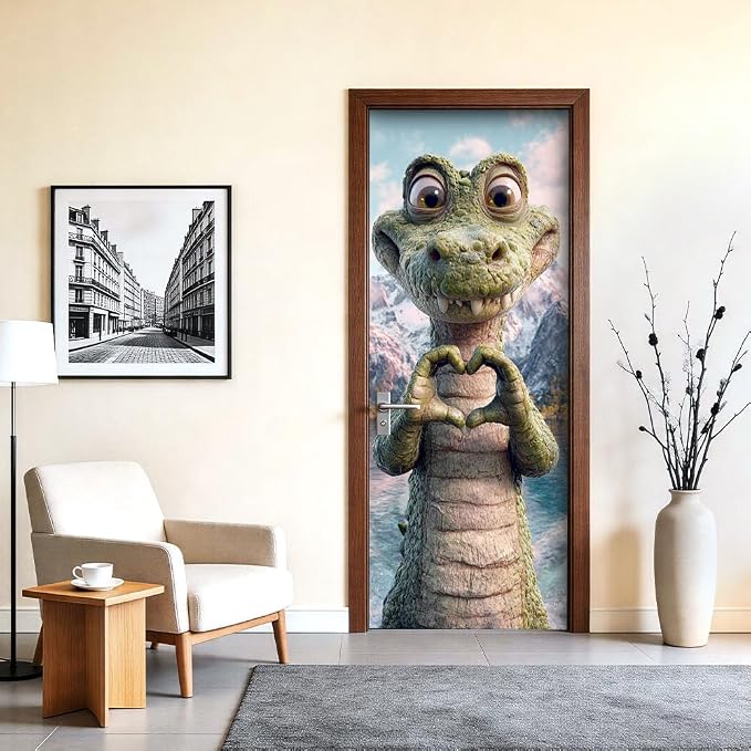 Cute Dragon Door Mural, Fantasy Green Creature Door Cover | Waterproof PVC, 30.3" W x 78.7" L; cute fantasy dragon design for bedroom, kids room, game room or closet doors. - Image 2