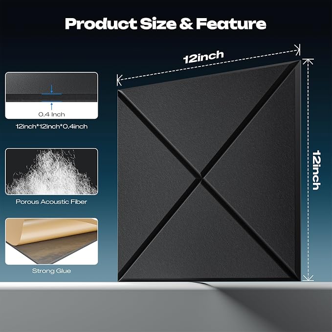 Sonicism 18 Pack X-Lined Acoustic Panels with Self-Adhesive, 12"X 12"X 0.4" Sound Proof Foam Panels, Decorative Soundproof Wall Panels, Sound Absorbing Tile for Home & Offices, Black - Image 5