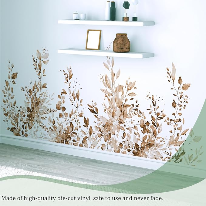 Brown Plants Leaves Wall Decals Peel and Stick, Large Floral Flowers Vinyl Wall Stickers, Removable Vine Home Decor Art for Bedroom Living Room Classroom Office - Image 6