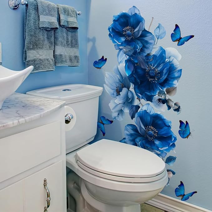Blue Flower Wall Decals Peel and Stick Peony Floral Wall Sticker Decor Removable Peonies Bouquet Wall Murals with Butterflies for Girls Bedroom Living Room Bathroom Hallway Door Office Kids Nursery by SWORNADecorationLLC