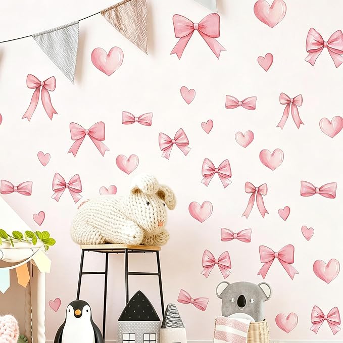 Arawat 48pcs Bowtie Wall Sticker and Decals for Bedroom and Bathroom Pink Bow Room and Wall Decor Heart Decoration Vinyl Peel and Stick Room Decor for Bedroom Bow Stickers - Image 5