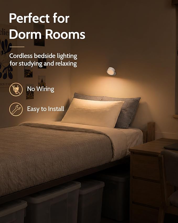 LED Wall Sconces, Rechargeable Wall Lights, White, 1 Pack | Cordless Design, 3 Color Temperatures, Dimmable, Remote & Touch Control, 360° Rotation, Bedroom & Living Room - Image 3