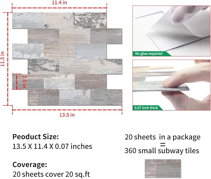 DEWOO 20 Sheet Peel and Stick Wall Tile Kitchen Backsplash Self Adhesive | PVC,Rustic,Faux Wood like,Country,Farmhouse,13.5" x 11.4" - Image 6