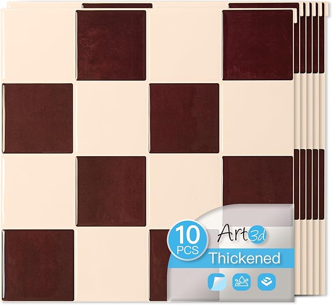 Art3d Grid Peel and Stick Backsplash, 10-Pack, Red Brown and Warm White | 12 x 12 Inch, Enhanced Thickness, Superior Adhesion, Moisture Resistant, Long-Lasting, Minimalist Look, for Kitchen Decor by Art3d
