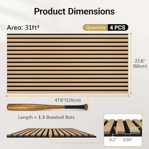 TONOR Wood Wall Panels for Interior Wall Decor-4 Pack 47.2" x 23.6" | Wood Slat Acoustic Panels-31ft² for Noise Cancelling and Wall Décor Living Room, Home Decor, Office, Teak - Image 4