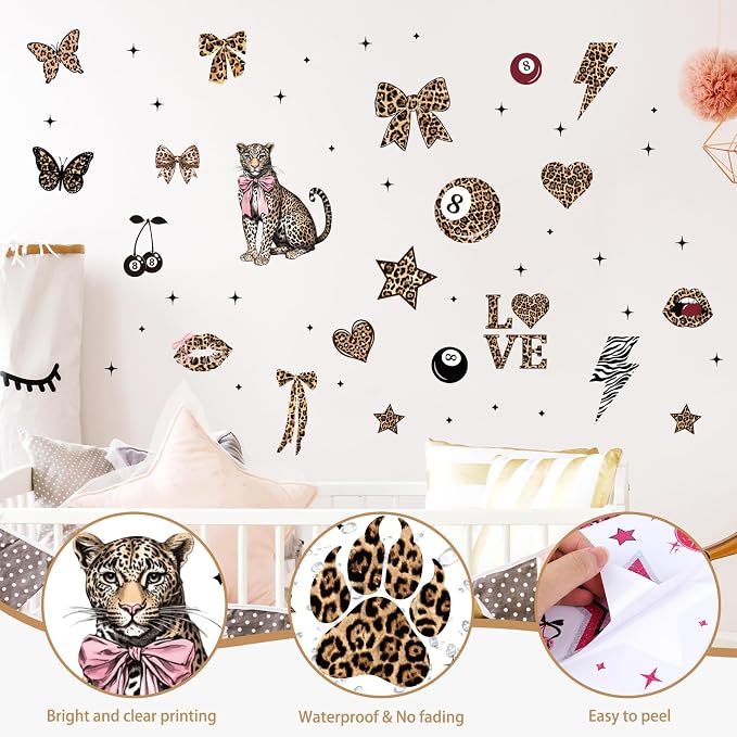 Wxiben 200 Pcs Cheetah Print Wall Decals Leopard Print Walls Stickers Decor | Cheetah Walls Decor for Room, Y2K Bow Star 8 Ball, Peel and Stick Wall Decals for Home Bedroom Living Room Apartment Dorm - Image 3