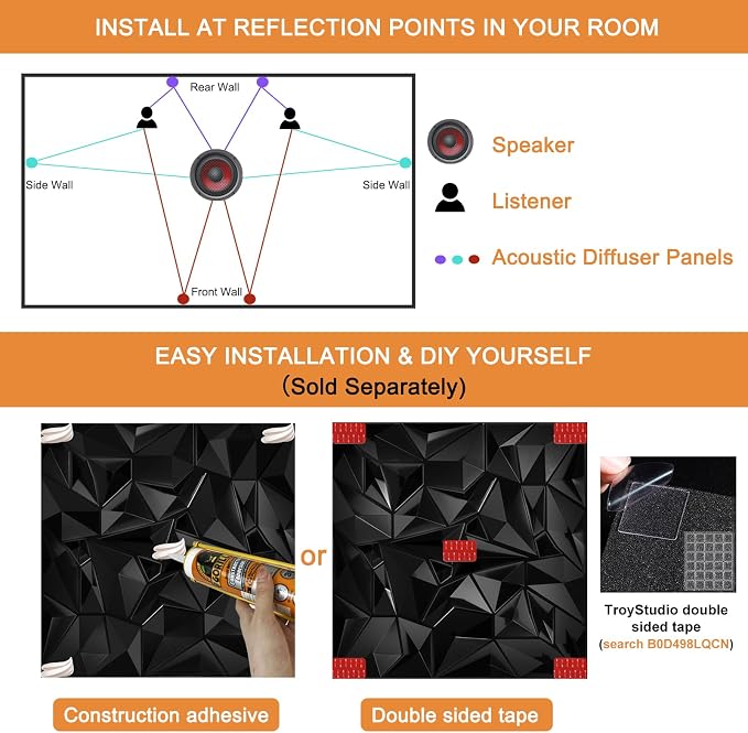 TroyStudio Acoustic Sound Diffuser Panels, 19.7 X 19.7 X 1 inches 12 Pcs Black PVC Plastic 3D Wall Panel, Recording Studio Acoustical Treatment Diffusion panel, Art Decorative Ceiling Tiles - Image 6
