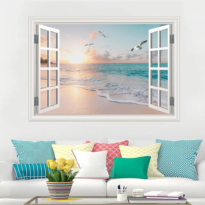 Large Murals 66"x48" Fake Window Wall Decal Summer Beach Seascape Faux Window Sticker Office Poster Picture Art Decor，Stick and Peel Natural Scenery Landscape Coastal Ocean Scene Mural ﻿ - Image 2