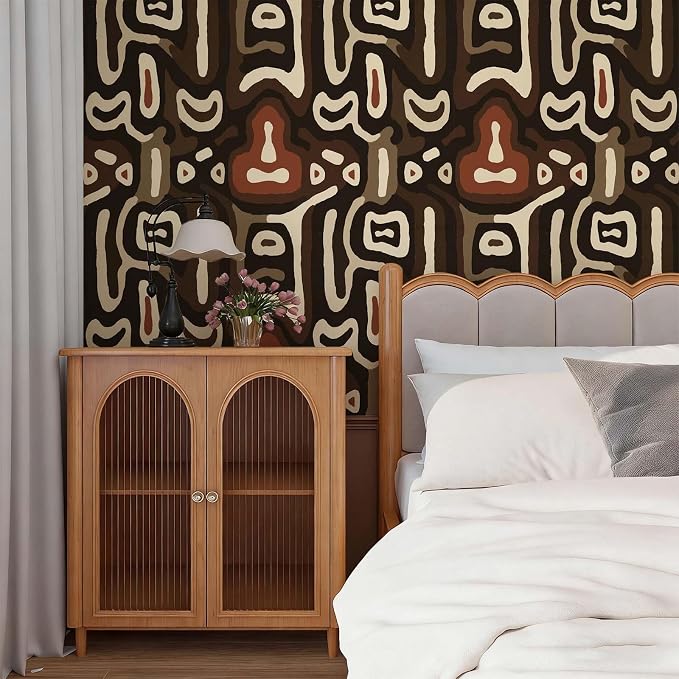 African Boho Abstract Geometric Tribal Swirl Peel and Stick Wallpaper Self Adhesive 17.72" x 119.12'' Brown Curved Line Wall Paper Renter Friendly Removable Waterproof for Living Room Bedroom - Image 4