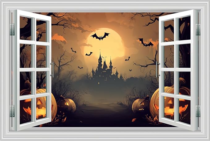 Halloween Decorations Fake Window Wall Decals，Full Moon Night View Terror Castle Pumpkin Bat Spooky Wall Art Poster Sticker Decal ，for Home Halloween Party Scary Scene Decor Peel and Stick 16“x24” by Clickhere