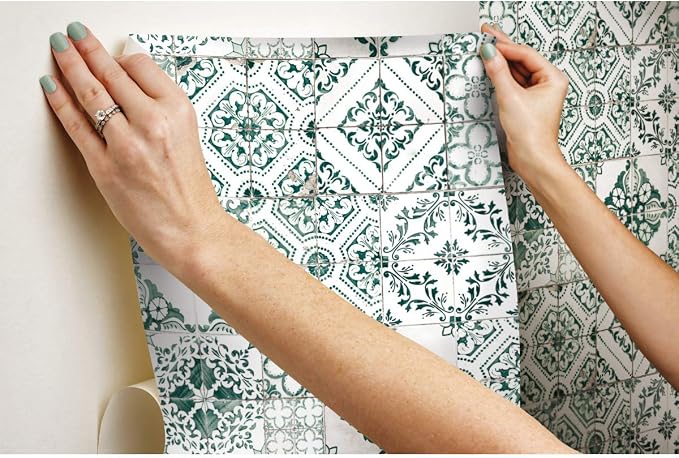 RoomMates RMK11281WP Forest Green Mediterranean Tile Peel and Stick Wallpaper - Image 8