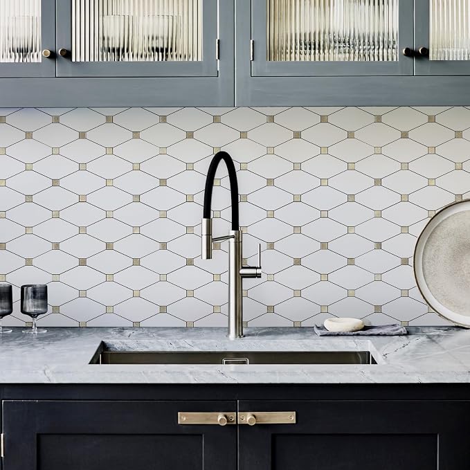 STICKGOO 1 Sheet Peel and Stick Backsplash, Pure White Marble Look PVC Mixed Metal Gold Kitchen Backsplash, Stick on Backsplash Wall Tiles for Kitchen, Bathroom, RV - Image 8