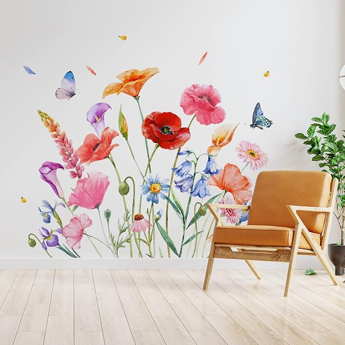 Zonon 6 Pcs Flower Wall Decals Peel and Stick Sticker, Exquisite | Vinyl Removable Wall Stickers & Murals, Colorful Butterfly Wall Decals, Poppy Wildflower Decor for Bedroom, Living Room - Image 2