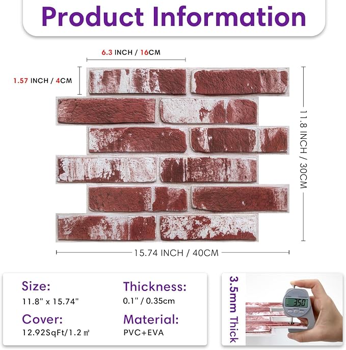 3D Peel and Stick Faux Brick Wall Panels 15.7" x 11.8" 10-Pack | Whitewashed Red, Brick-Look Textured Sticker, Thin Lightweight PVC Self Adhesive Tiles for Interior Decor, Cover 12.9 sq ft - Image 5