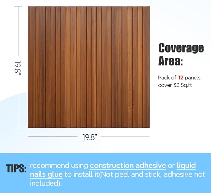 STICKGOO Slat 3D Wall Panel for Interior Wall Decor PVC Fluted Textured Panel 12-Tile 19.7 x 19.7in - Walnut - Image 5