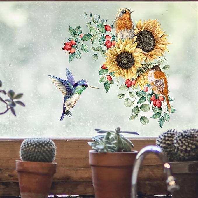 Sunflower Wall Stickers & Murals Bird Wall Decals Peel and Stick Yellow Flower Window Clings Watercolor Hummingbird Art Decor Wall Clings Kitchen Cabinet Decals for Bathroom Toilet Tank Girls Bedroom by SWORNADecorationLLC