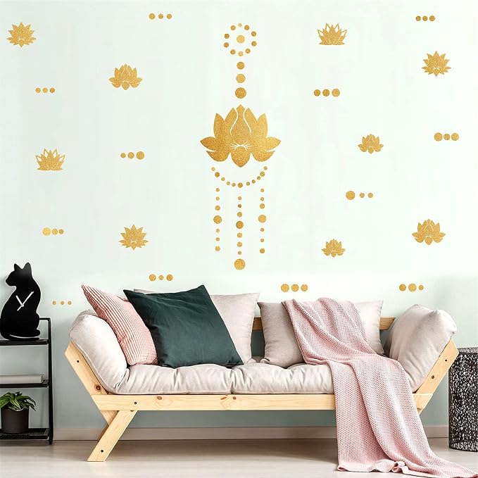 Lotus Flower Wall Decals Golden Wall Stickers Modern Yoga Room Art Sticker | Lotus wall art decor, peel and stick, gold removable vinyl art mural, mandala decoration, for bedroom living room nursery - Image 6