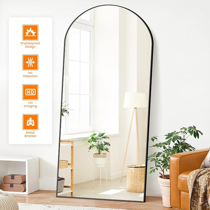 Arched Full Length Mirror, 75"x35" Standing Body Mirror for Wall, Black - Image 2