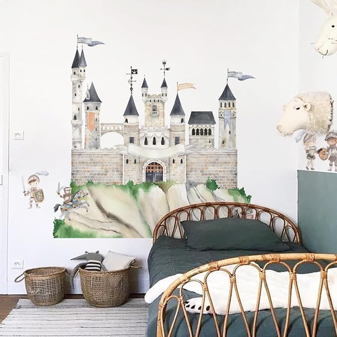 Large Knight Assembled Castle Wall Mural for Bedroom and Playroom | 64.96" x 57.09" Watercolor Castle Wall Murals, Peel and Stick Knight Wall Decals for Kids Room and Nursery - Image 7