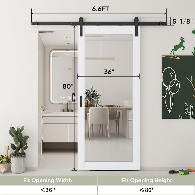JUBEST 36x80 in Mirror Barn Door and 6.6FT Sliding Door Hardware Kit Included, White Full Length Mirror, Solid Wood Panel Covered with Water-Proof PVC Surface, No Assembly Required - Image 7