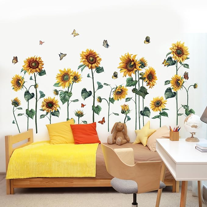 Watercolor Sunflower Wall Sticker Peel and Stick Flower Butterfly Wall Decal Vintage Floral Plant Wall Art Mural Green Leaf Wall Stickers for Living Room Bedroom Decor - Image 3