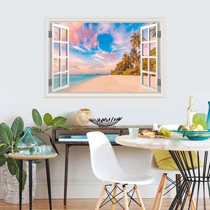 Fake Window Wall Decal - Summer Beach Seascape Ocean Scene Art Sticker | ｜Faux Window Natural Scenery Landscape Mural ｜ Stick and Peel Wall Decals｜for Room Bedroom Office Scene Picture Decor｜24"x16" - Image 7