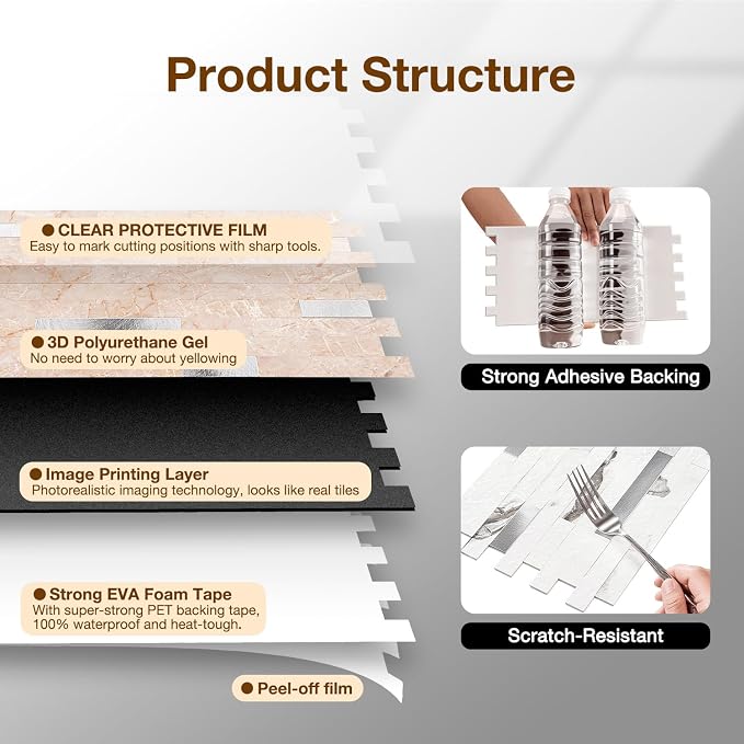 Peel and Stick Backsplash Tile Waterproof Removable PVC Wall Sticker 3D Faux Stone Marble Brick White Accent Panels (Pink Marble - Metal Silver, 20 Tiles - 9 sq. ft. (0.84 M²)) - Image 6