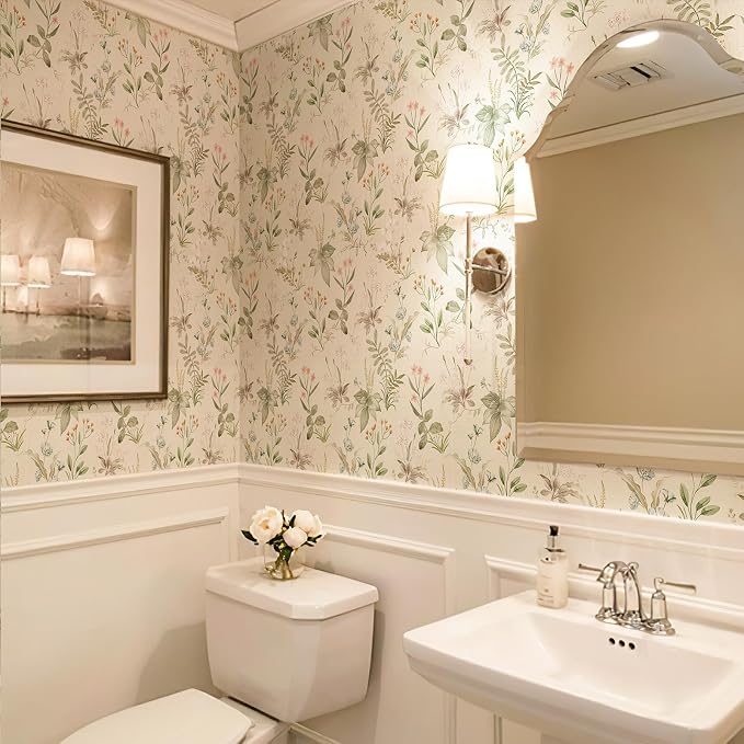 Simon&Siff Vintage Floral Peel and Stick Wallpaper 17.3" x 1200" | Beige Botanical Contact Paper, Self Adhesive Removable Waterproof Wall Paper, Renter Friendly, Bedroom Cabinets DIY Decor by SimonSiff
