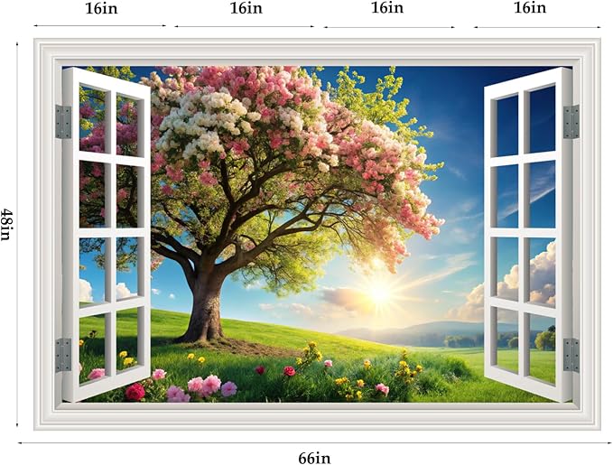 Natural Scenery Landscape Spring Green Flower Tree Scene Art Poster Fake Window Wall Mural Faux Window Wall Sticker for Office Home Room Decor, Peel and Stick Wall Decals 48" x 66" Set of 4 Sheets - Image 2