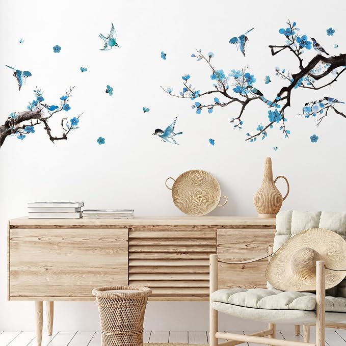 Zonon 6 Pcs Flower Wall Decals Peel and Stick Sticker, Birds | Vinyl Removable Wall Stickers & Mural, Branch and Bird Wall Decals, Blue Chinoiserie Floral Decor for Bedroom, Living Room - Image 5