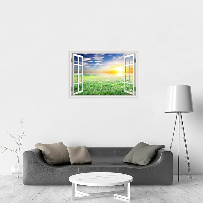 Fake Window Wall Mural Sticker -Summer Green Grassland Open Wall Art Decal | Faux Window Natural Scenery Landscape Decorations｜Stick and Peel Wall Decals｜Room Bedroom Office Decor｜48"x32",Set of 2 Sheet - Image 9
