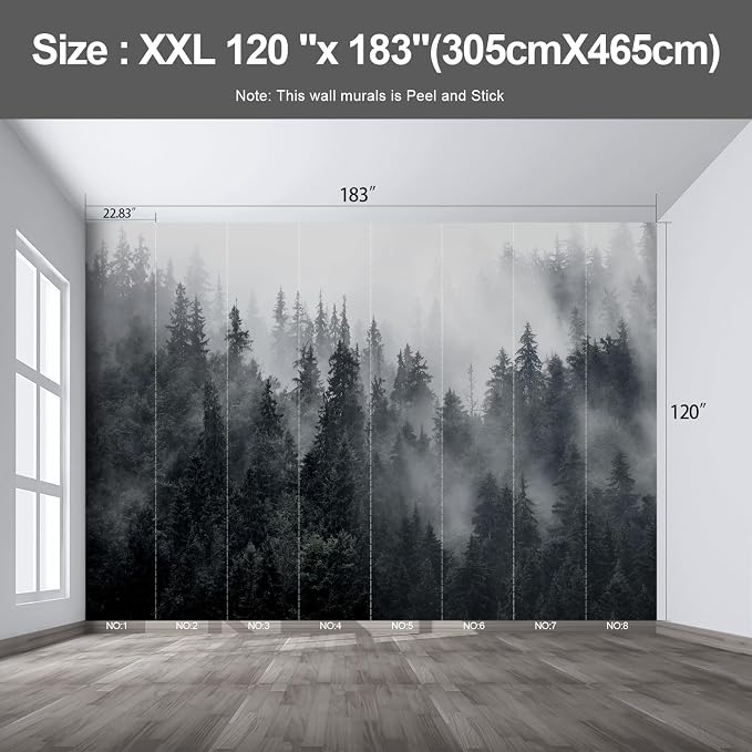 Misty Forest Landscape Large wall murals Woodland Tree Peel and Stick self Adhesive Wallpaper for Bedroom Living Room - 120"x183" - Image 2