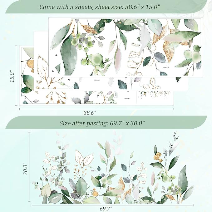 Green Plants Leaves Wall Decals Peel and Stick, Large Hanging Herbal Vinyl Wall Stickers, Removable Vine Home Decor Art for Bedroom Living Room Classroom Office - Image 2