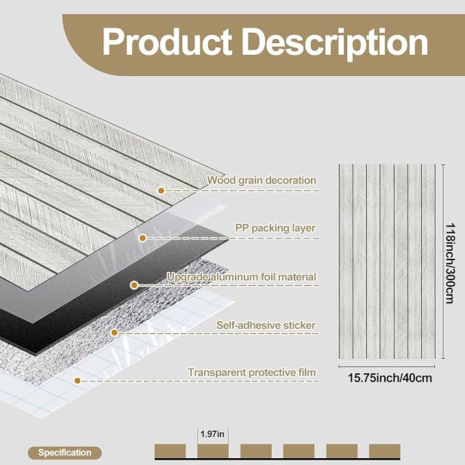 Chejiaye Peel and Stick 3D Wall Panel -15.75"x118"Soundproof Self-Adhesive Wall Sticker, Removable Thick PVC Slat Contact Paper for Kitchen Bedroom,Ceiling Wall Decoration Wood Grain (Light Grey) - Image 4