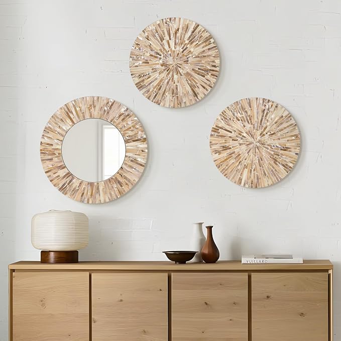 Boho Mother of Pearl Decorative Wall Mirror for Living Room,Brown by TEIPAI
