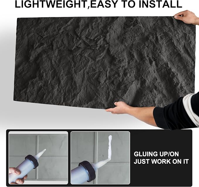 KASARO 3D Faux Stone PU Wall Panels, 4 Pack Cement Texture Black | Thicker PU wainscoting panels with realistic stone texture for accent walls, home & office decor, easy install, 43.3" x 23.6" - Image 8