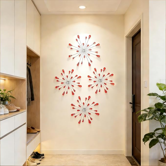 ZEXUIRU 4 Set Silver Starburst Wall Art for Home Decor Metal Bling Crystal Rhinestones Sunburst Wall Decor Sparkling Rhinestone Art Accent -Red 13in/11.8in/9.8in/9.8in - Image 5