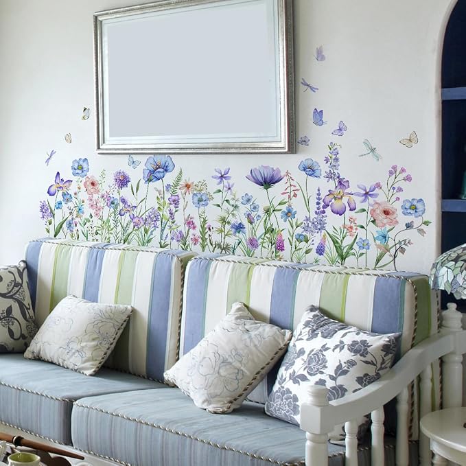 2 Pieces Purple Flowers Wall Decals Vinyl Purple Flowers Wall Stickers Removable Floral Art Murals Peel and Stick Colorful Decor for Girls Bedroom Living Room Nursery - Image 4