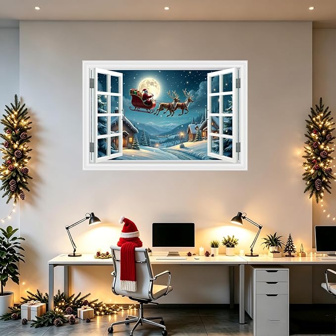 Fake Window Wall Decal - Christmas Night Santa Carry Gifts on The Roof | ｜Faux Window Merry Christmas Wall Art Mural ｜ Stick and Peel Wall Decals｜for Xmas Room Bedroom Office Scene Decor｜24"x16" - Image 3
