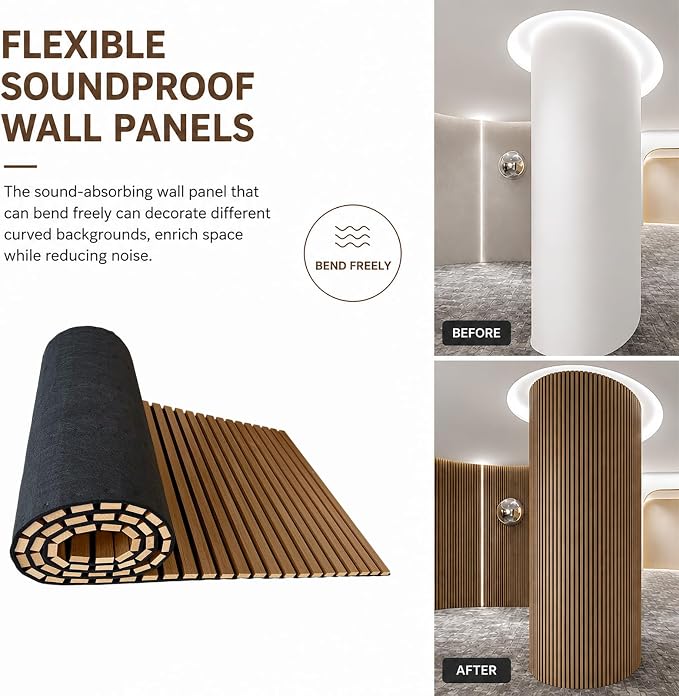 Acoustic Wood Panels for Wall,3D Flexible Fluted Sound Slat Panel (Walnut) | Soundproof ,Absorbing,Noise Cancelling,94.5 x 23.6in - Image 6