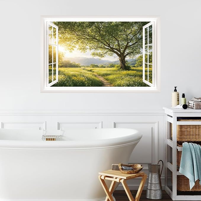 IARTTOP Fake Window Wall Mural Sticker 33"x20.4" Green Tree Sunrise Mountain Countryside Nature Scenery Wall Decal Window View Landscape Decals Decor for Bedroom Living Room Office - Image 3